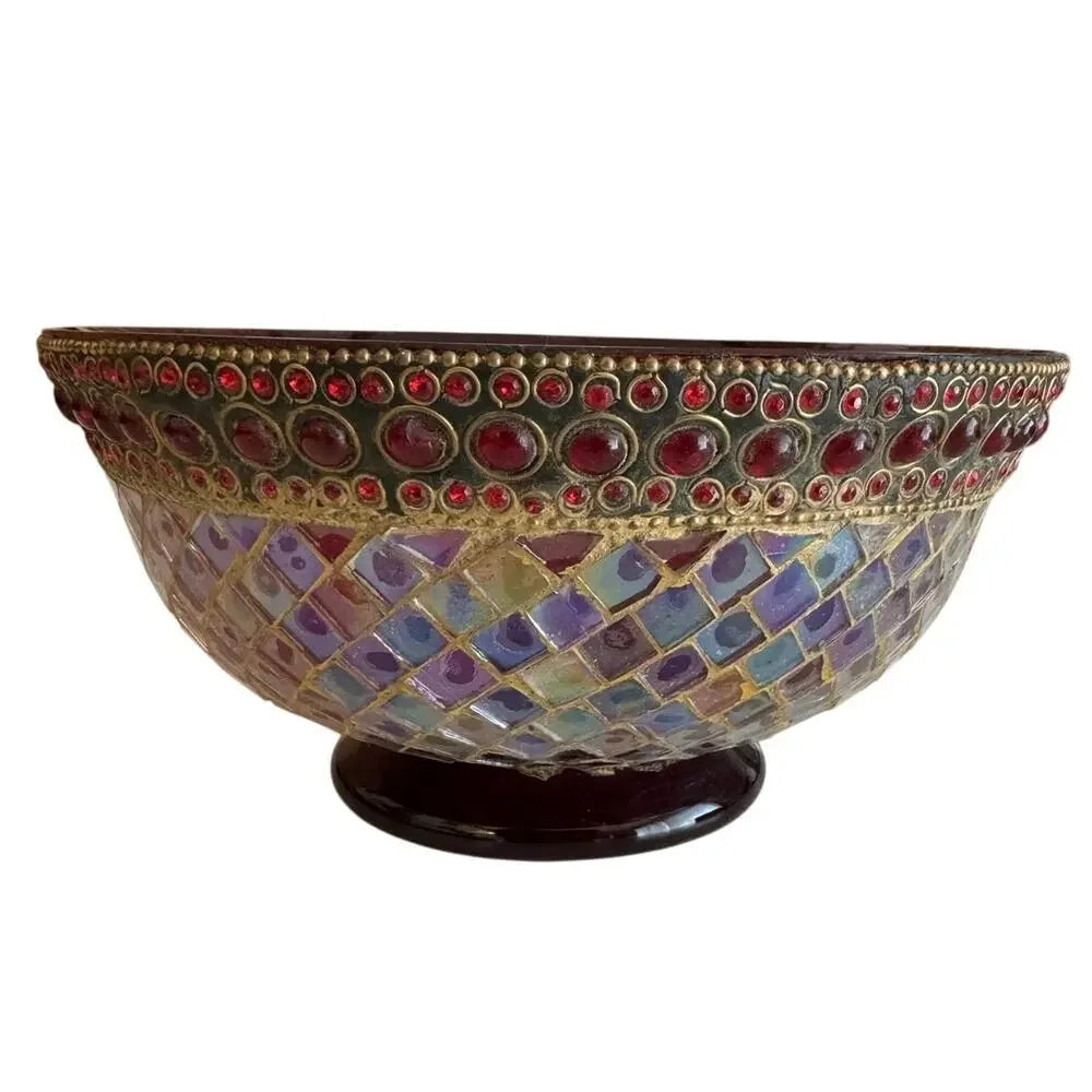 VTG Z Gallerie Ruby Mosaic Pedestal Bowl Iridescent Glass Jeweled Centerpiece